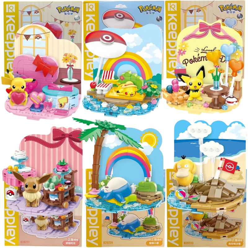 Model Kit Quick Pokemon - オリジナルポケモンビーチパーティーテーマビルディングブロックおもちゃピカチュウイーブイカビゴンピチューフィギュア組み立てモデル子供パズルブロックおもちゃ