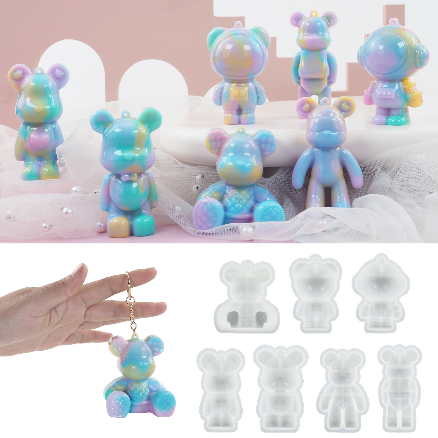 Model Kit Varnish - DIY クリスタルエポキシ樹脂モールド 3D リトルベア宇宙飛行士キーホルダー穴ペンダントシリコーン血まみれのピンクのクマの型