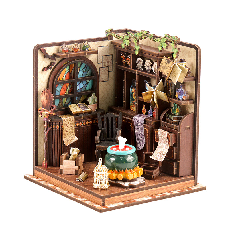 Model Kit House - DIY木製ミニチュアモデルキット魔法のポーションワークショップカーサドールハウス3Dパズルドールハウス家具ライト付き友達へのギフト